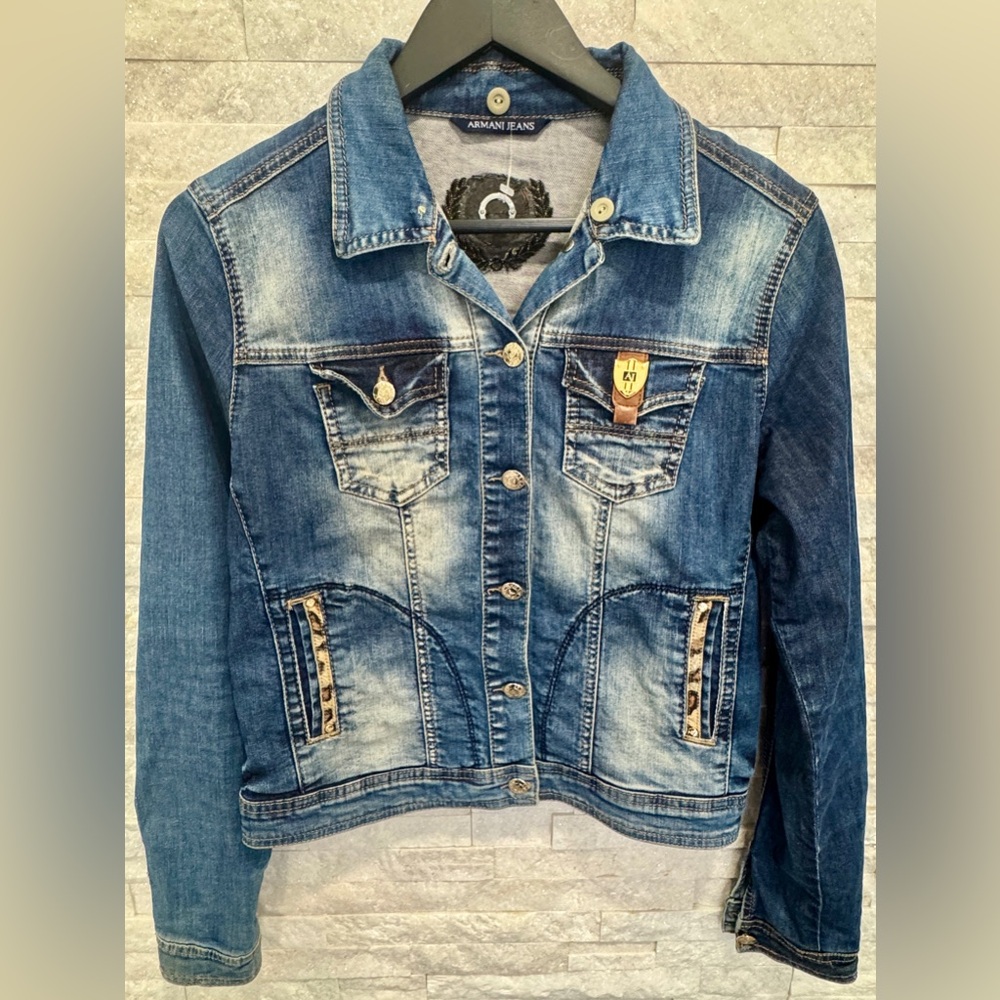 Armani Jeans denim jacket, Italian made indigo series; gold embroidered crest